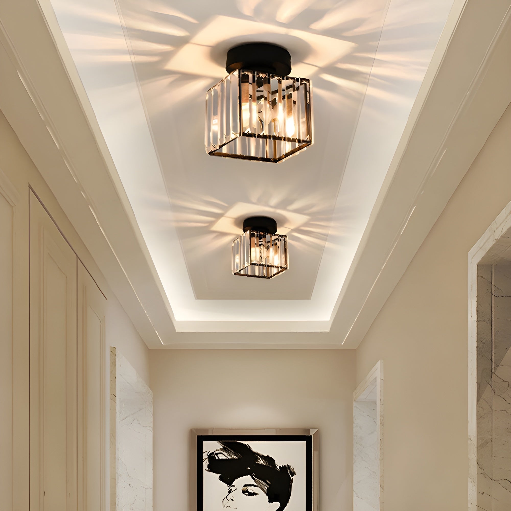 Aurevia – Moderne sort loftlampe med krystal til entré